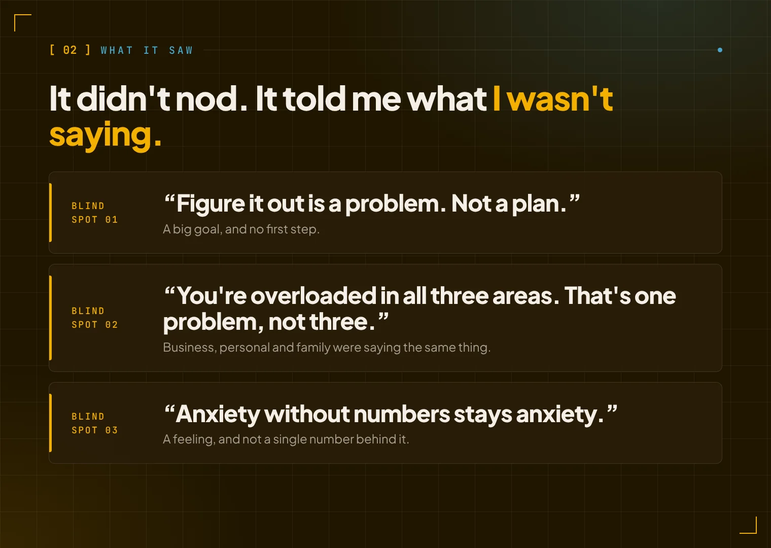 Three blind spots: Figure it out is a problem, not a plan. You're overloaded in all three areas, that's one problem, not three. Anxiety without numbers stays anxiety.