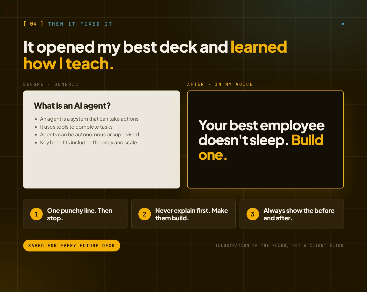 Before and after: a generic bulleted AI slide next to a slide in Raj's voice, with three rules: one punchy line then stop, never explain first and make them build, always show the before and after