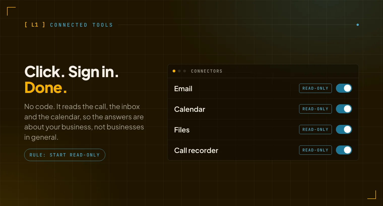 Connectors for email, calendar, files and call recorder, each switched on and read-only