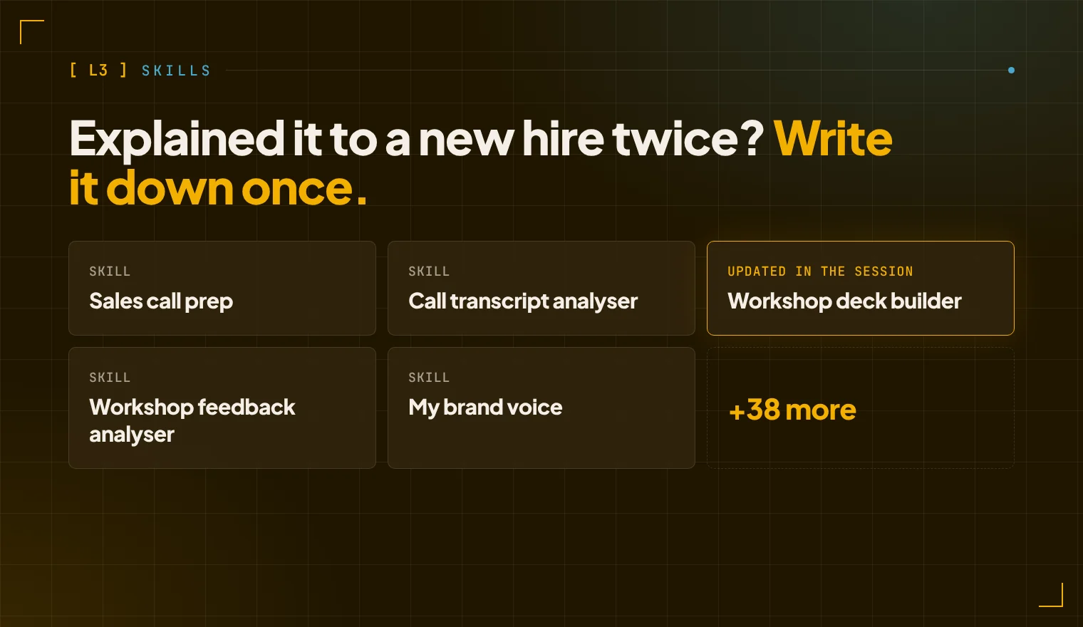 Skills including sales call prep, call transcript analyser, workshop deck builder, workshop feedback analyser and brand voice, plus 38 more